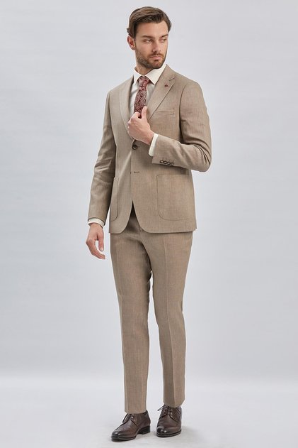 Beige Mono Collar 6 Drop Slim Fit Butterfly Lining Linen Blend Suit 1001240169