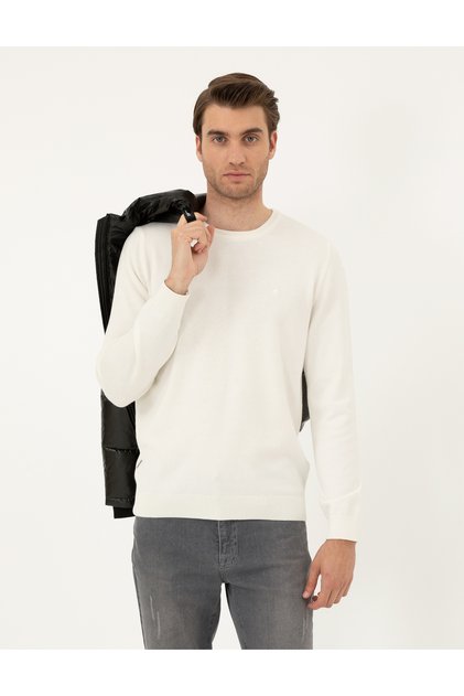 Ecru Slim Fit Crew Neck Basic Knitwear Sweater 50296575-Vr019