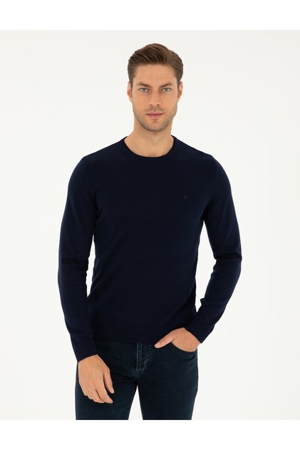 Navy Blue Slim Fit Crew Neck Basic Knitwear Sweater 50296575-Vr033
