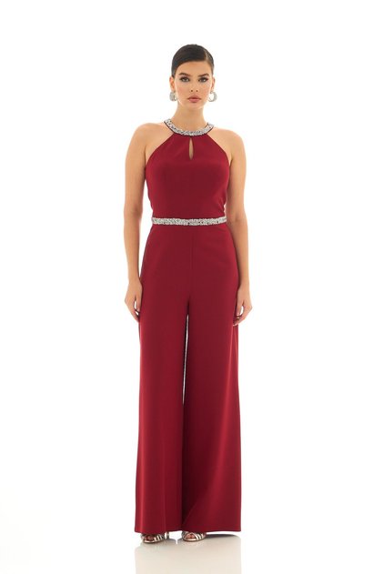 Bordo Yakası Beli Taşlı Tulum