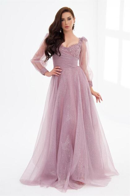 CARMEN Lavender Glitter Tulle Embroidered Front Long Sleeve Engagement Dress-  Trendyol
