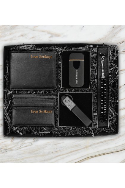 USB Şarjlı Elektronik Çakmak & Kişiye Özel Cüzdan & Kartvizitlik & Anahtarlık & Tesbih Hediye Seti