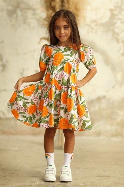 Orange Patterned Layered Girls' Dress