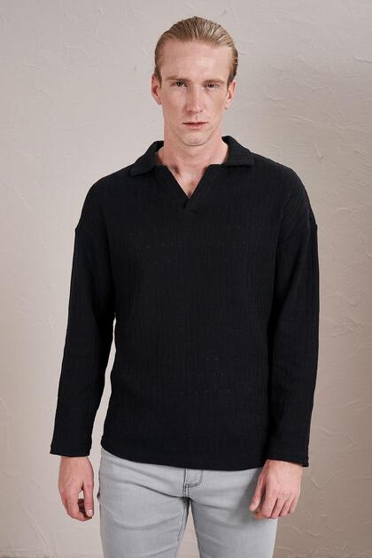 Men's Black Polo Collar Long Sleeve Jacquard Sweatshirt