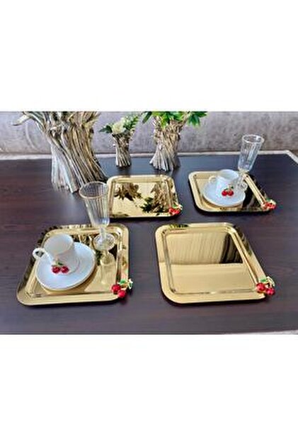 atabey home collection 2'li Kahve & Çay & Sunum Tepsisi Gold Tepsi