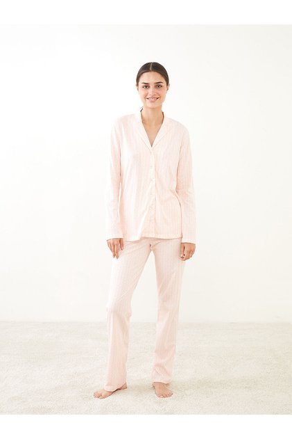 Lcw Shirt Collar Patterned Long Sleeve Cotton Women's Pajamas Set