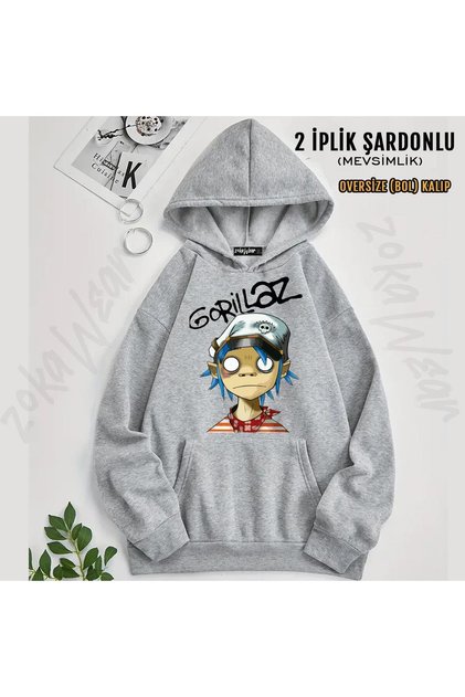 2D Gorillaz Printed Hooded Oversize Sweatshirt (2 Thread)