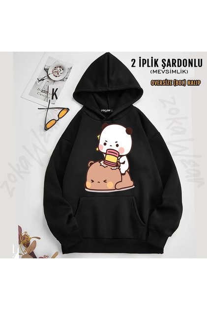 Panda and Brownie Bear Couple Printed Hooded Sweatshirt (2 Thread)