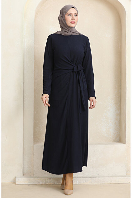 Kreppstoff Kleid mit seitlicher Schleife 1017-06 Dunkelblau