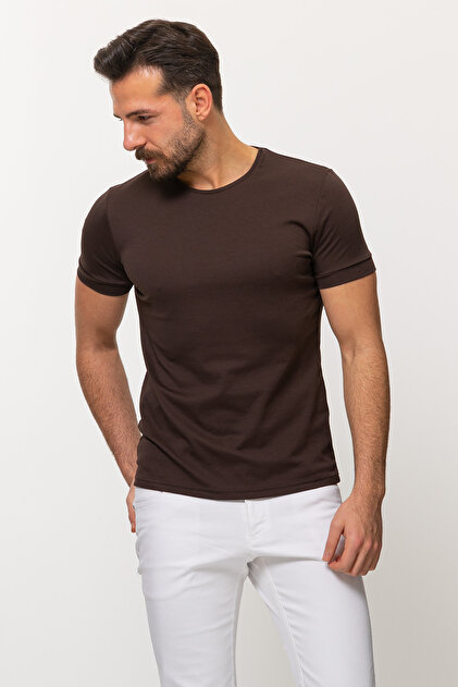 Duz Slim Fit Crew Neck Basic Men's T-Shirt Brown - 36690.22Y