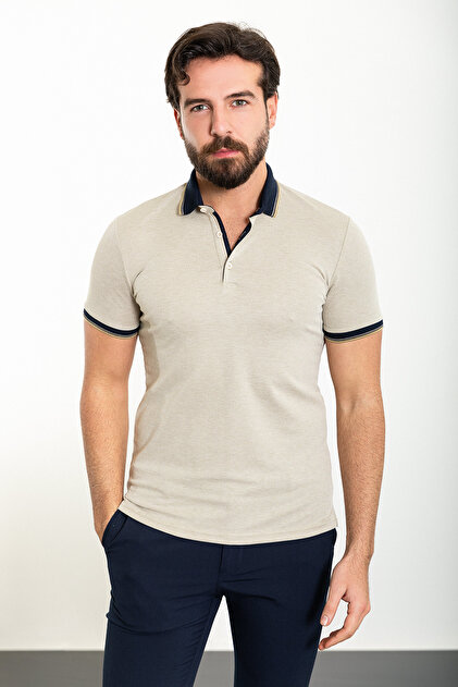 Plain Slim Fit Polo Neck Men's T-Shirt Beige - 36809.24Y