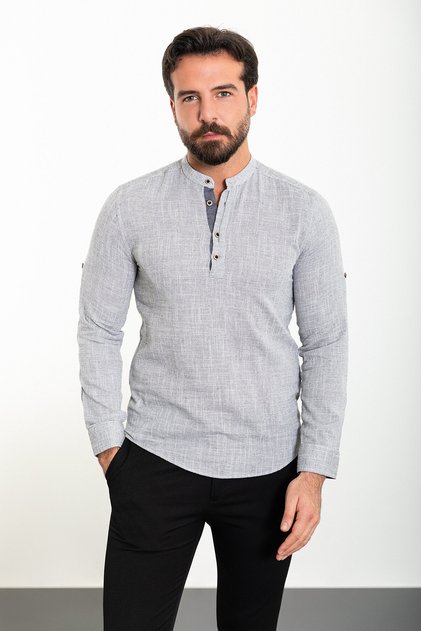 Patterned Slim Fit Judge Collar Long Sleeve Men's Shirt Black-Ecru - 37737.23Y