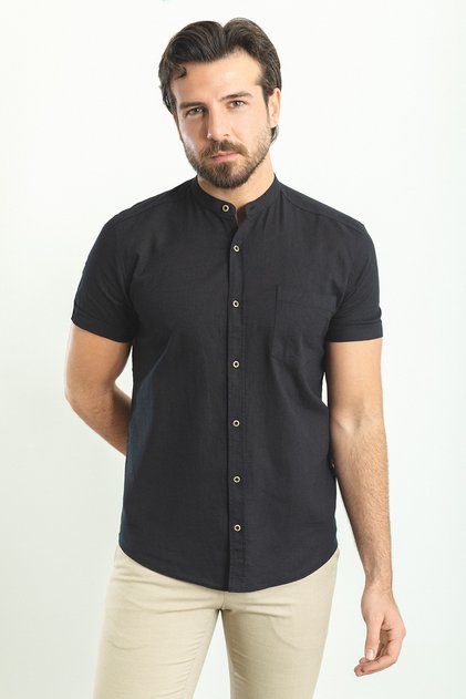 Gray Slim Fit Judge Collar Short Sleeve Linen Men's Shirt Black - 37749.23Y