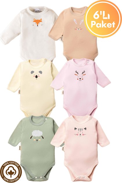 Unisex %100 Organik Pamuklu Hayvan Figürlü 3-6-9-12 Ay 6Lı Uzun Kollu Bebek Body Zıbın