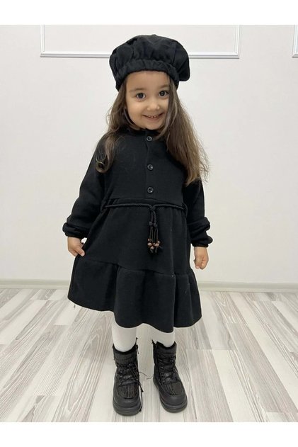 Girl's Dress with Stamp Fabric Hat MNK0559 BLACK