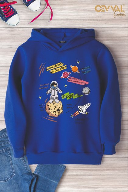 Space Themed Printed Hooded Cotton Oversize Children's Sweat Shirt