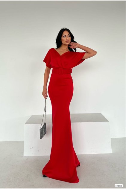 Flexible Scuba Fabric Fish Cut Belted Evening Dress and Graduation Dress 686 582099