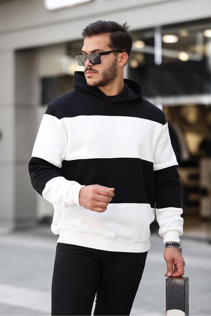 Black and White Block Piece Oversized Hooded Three-Thread Sweatshirt - 2316