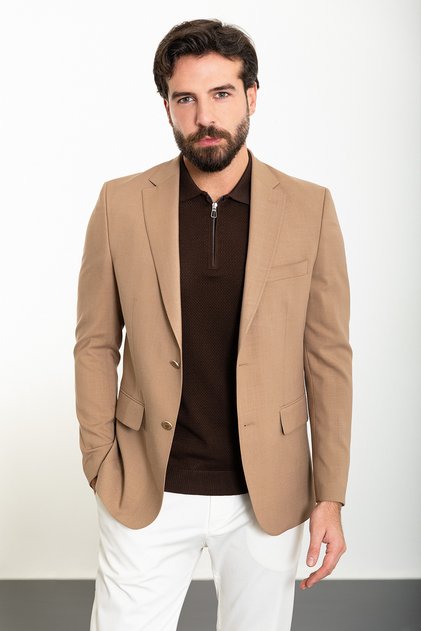 Straight Slim Fit Mono Collar Linen Men's Jacket Beige - 40302.23Y