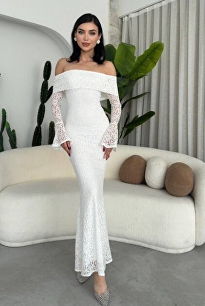 Afiş Butik White Madonna Collar Lace Long Dress- Trendyol