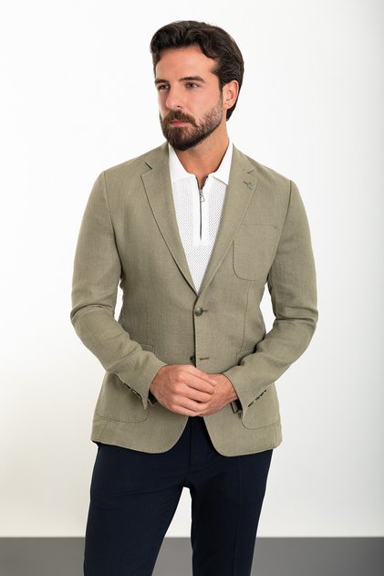 Straight Slim Fit Pocket Mono Collar Linen Men's Jacket Khaki - 40361.24Y