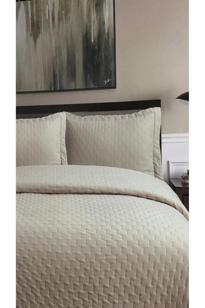 Vera Çift Kişilik Kadife Yatak Örtüsü Takımı Bej 240x260| Volanlı Yastık