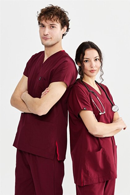 UltraLycra Basic - Likralı Doktor Hemşire Forma Takımı Scrubs Üniforma Cerrahi Takım (UNISEX), Bordo