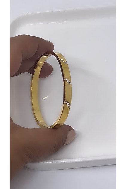 Bebe Boy ( Ince Bilekler Için ) Özel Tasarım Taşlı Çelik Kadın Kelepçe Bilezik Iç Çevresi: 16 Cm