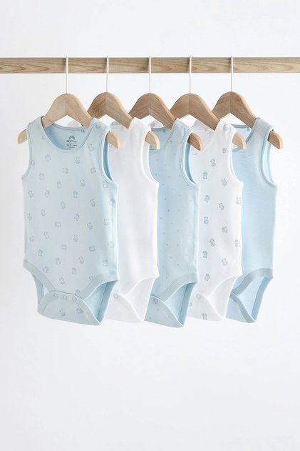 100% Organic Cotton Blue Bear Patterned 5-Piece Baby Bodysuit with Straps Alyk79695