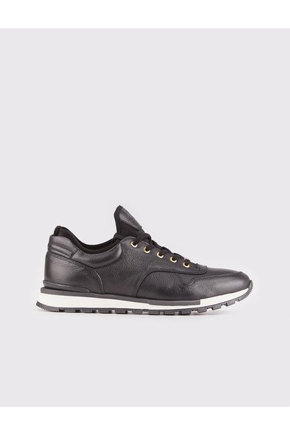 Genuine Leather Black Laced White Thermo Sole Men's Sports Shoes