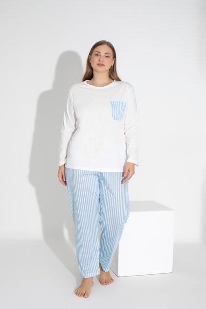 Blue Color Long Sleeve Striped Pajamas Set 112