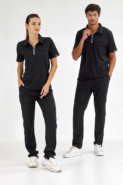 Siyah Polo Yaka Likralı Yeni Model Doktor Hemşire Forması Scrubs Dr Greys Takım (Esnek Kumaş)