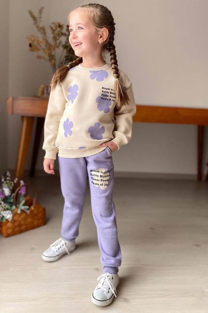 Girls' Clipboard Floral Print Crew Neck Sweatshirt Lilac Tracksuit Set