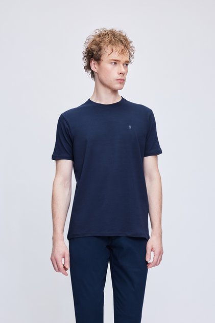 Navy Blue Regular Fit Crew Neck Cotton T-Shirt