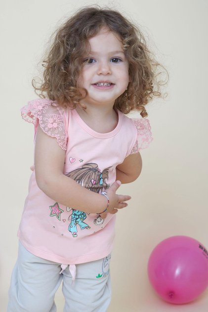 Girl's T-Shirt Crazy Girl Printed Sleeves with Embroidery Lacing 1.5-5 Years, Salmon
