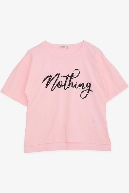 Girl's T-Shirt with Stone Lettering Print, Ages 9-16, Pink