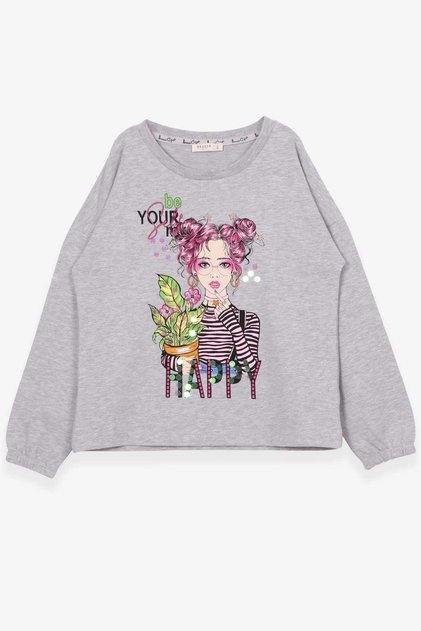 Girl's Long Sleeve T-Shirt Portrait Girl Printed 10-14 Years, Gray Melange