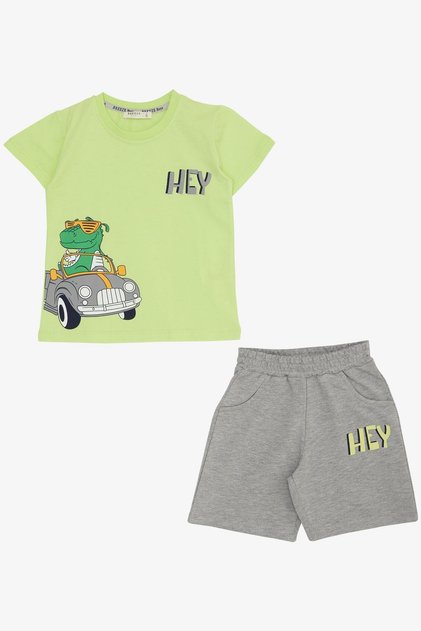 Boy's Shorts Set with Cool Dinosaur Riding a Car Print, Ages 1.5-5, Pistachio Green