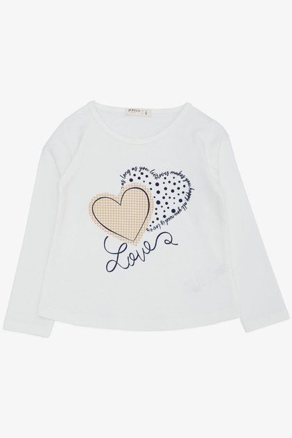 Girl's Long Sleeve T-Shirt Houndstooth Polka Dot Heart Printed Text 3-8 Years, Ecru