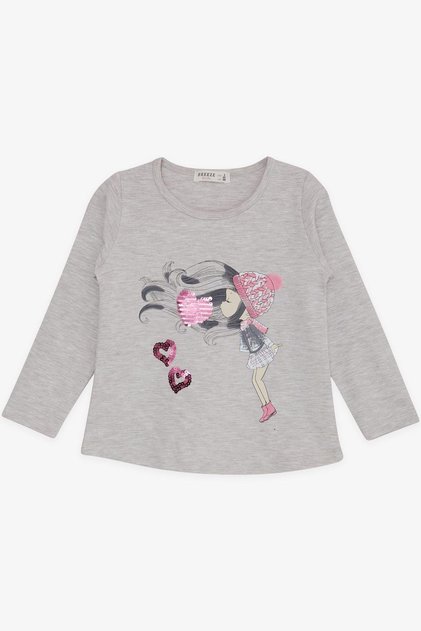 Girl's Long Sleeve T-Shirt with Sequin Heart Print, Ages 2-6, Beige Melange