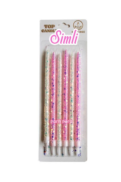 Pembe Beyaz Simli Pasta Mumu Doğum Günü Pasta Mumu 6'lı 15 CM