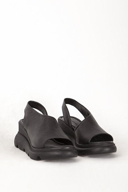 Women's Strappy Wedge Sole Comfort Daily Sandals Real Leather Zy 7712 Black