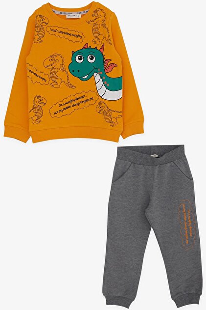 1-4 Years Old Boy Tracksuit Set - Dinosaur Patterned, Mustard Yellow