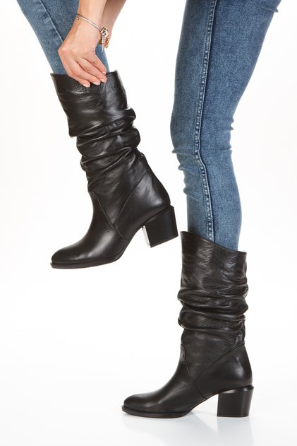 Genuine Cowhide Leather Gusseted Drawstring Thick Heel Black Women's Boots