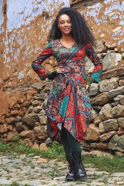 Asymmetrical V-neck Tie Waist Long Sleeve Dress