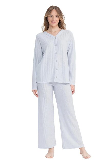 Us Polo Assn. 17097 Women's Perforated Fleece Waffle Fabric Long Sleeve Buttoned Front Pajama Set-Grimela