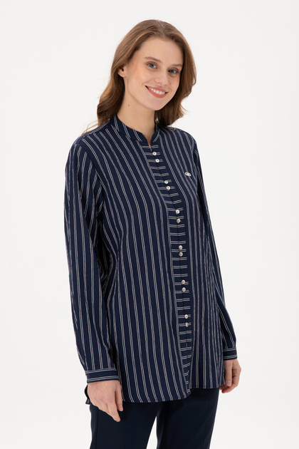Women's Navy Blue Long Sleeve Striped Tunic Shirt 50290024-Vr033