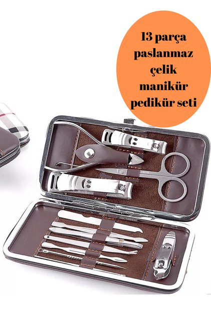 BRE HOME 13 parça paslanmaz çelik manikür pedikür seti, deri