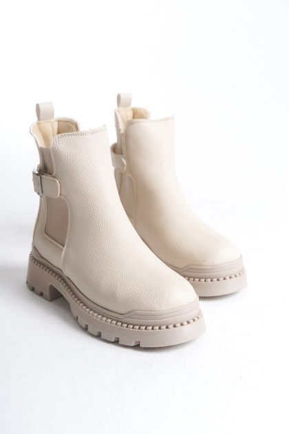 Alva Beige Thick Sole Buckle Detailed Elastic Boots