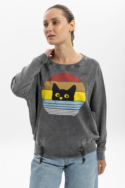 Kadın Gökkuşağı ve Kedi Tasarımlı Fermuar Ayrıntılı Sweatshirt %100 Pamuklu Uzun Kollu